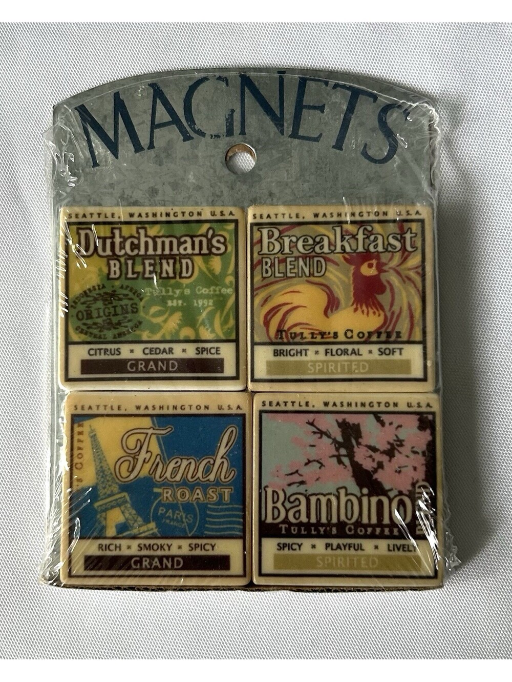 New Sealed Set Of 4 Tully’s Coffee Vintage Advertising Labels Magnets